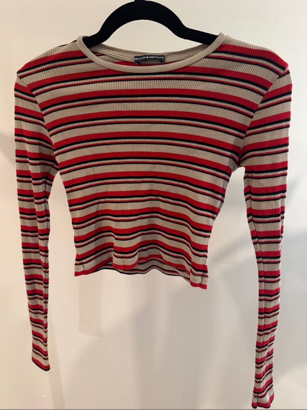 Brandy Melville Red, Tan & Black Striped Ribbed Long Sleeve Top